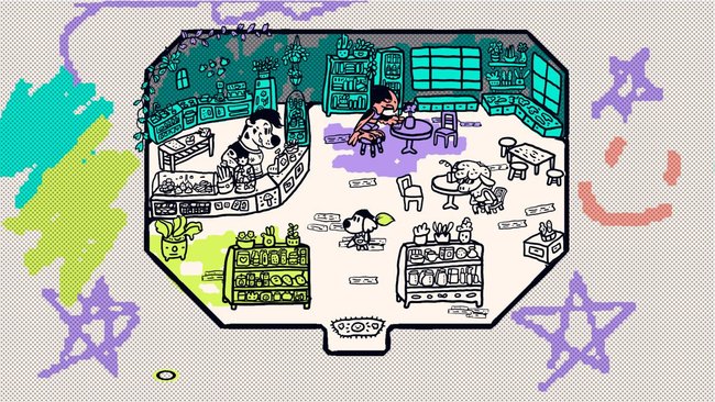 Das Bild zeigt eine handgezeichnete, farbenfrohe Szene aus dem Spiel Chicory: A Colorful Tale. Es stellt das Innere eines gemütlichen Ladens oder Cafés dar, in dem verschiedene tierische Charaktere interagieren. Eine Hundeperson steht hinter einer Theke mit Essen und Getränken, während andere Charaktere an Tischen sitzen oder Regale mit Waren durchstöbern. Der Hintergrund ist teils ausgemalt, mit Pastellfarben und Kritzeleien wie Sternen und Smileys. Das Bild zeigt eine handgezeichnete, farbenfrohe Szene aus dem Spiel Chicory: A Colorful Tale. Es stellt das Innere eines gemütlichen Ladens oder Cafés dar, in dem verschiedene tierische Charaktere interagieren. Eine Hundeperson steht hinter einer Theke mit Essen und Getränken, während andere Charaktere an Tischen sitzen oder Regale mit Waren durchstöbern. Der Hintergrund ist teils ausgemalt, mit Pastellfarben und Kritzeleien wie Sternen und Smileys.