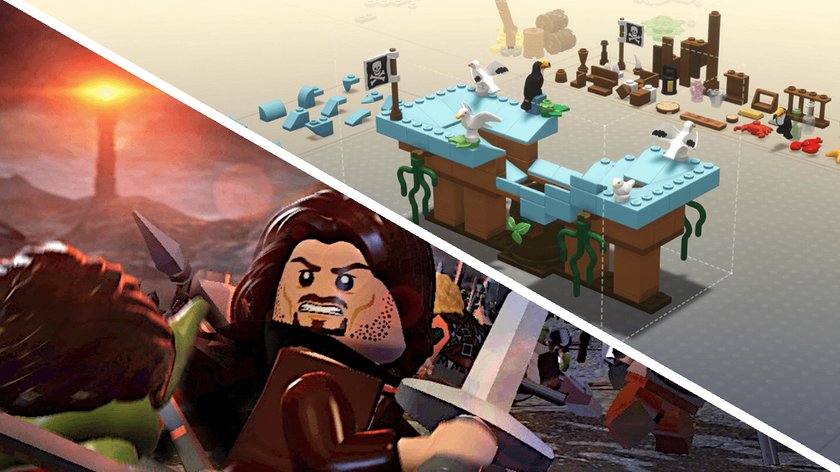 Das Bild zeigt eine Collage zweier LEGO-Videospiele in einer diagonalen Teilung. Im unteren Teil ist eine Kampfszene aus LEGO Der Herr der Ringe zu sehen, mit einer LEGO-Figur von Aragon, der ein Schwert hält und einen kämpferischen Gesichtsausdruck zeigt. Im Hintergrund ist der Schicksalsberg mit dem Auge Saurons erkennbar. Im oberen Teil ist eine Bauphase aus LEGO Bricktales dargestellt, die einen kreativen Bauprozess für eine Pirateninsel oder ein kleines Schiff zeigt. Zu sehen sind verschiedene blaue und braune LEGO-Steine, Piratenaccessoires und Dekorationselemente, die für die Konstruktion verwendet werden können. Die Gegenüberstellung verdeutlicht die unterschiedlichen Spielkonzepte: actionreiche Abenteuer im einen Spiel und kreatives Bauen im anderen.