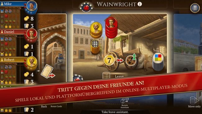 Gezeigt wird ein Bildschirmfoto aus dem digitalen Brettspiel "Istanbul", das den Spielstand von Spielern namens Mike, Daniel und Robert zeigt. Links sind die Ressourcen und Punkte der Spieler aufgelistet. In der Mitte des Bildschirms ist eine Wainwright-Karte zu sehen, die einen Handwerksbetrieb darstellt. Unten am Bildschirm befindet sich ein rotes Banner mit der Aufschrift "Tritt gegen deine Freunde an! Spiele lokal und plattformübergreifend im Online-Multiplayer-Modus".