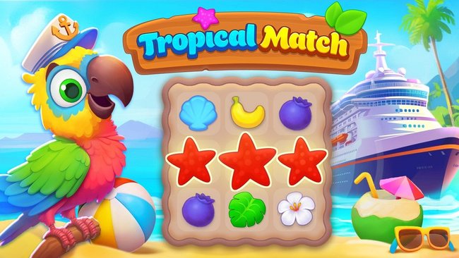 Gezeigt wird ein Beispiel-Spielfeld aus dem Match 3-Spiel Tropical Match in tropischer Atmosphäre mit einem Papageien am Strand und einem Kreuzfahrtschiff. 