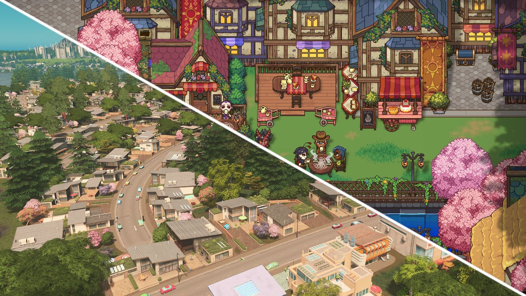 Gezeigt wird eine Kollage aus Bildern aus den Spielen Cities: Skylines und Sun Haven.