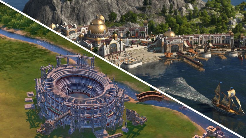 Gezeigt wird die Kollage aus zwei Screenshots zu den Aufbauspielen Civilization VI und Anno 1800.