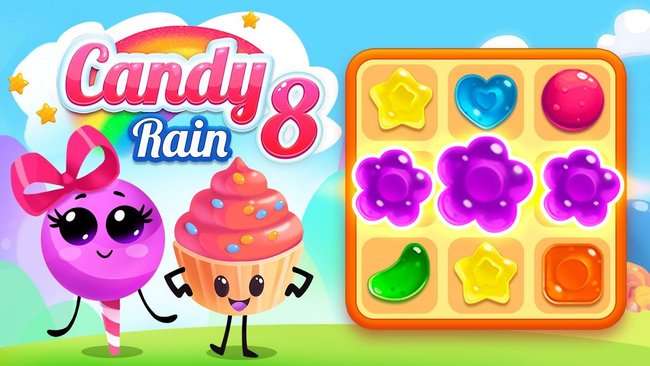 Gezeigt wird ein kleines Spielfeld-Beispiel aus dem Match 3-Spiel Candy Rain 8 mit zwei Süßigkeiten-Spielfiguren.