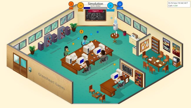 Gezeigt wird ein Screenshot aus dem Videospiel Game Dev Tycoon, in dem eine Gruppe von Personen in einem Großraumbüro an Desktopcomputern mit alten, großen Röhrenbildschirmen arbeiten.