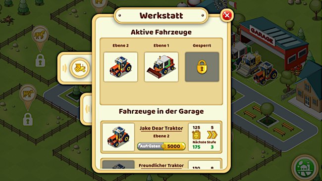 Gezeigt wird ein Werkstatt-Menü aus dem Onlinespiel Farming Life, in dem zwei Landmaschinen zu sehen sind, die bereits freigeschaltet sind. Daneben zeigt ein goldenes Schloss an, dass ein weiteres Fahrzeug noch freigeschaltet werden kann. Unter diese Leiste ist der Traktor Jake Dear inklusive seiner Ebenen und Stufen-Einordung zu sehen.