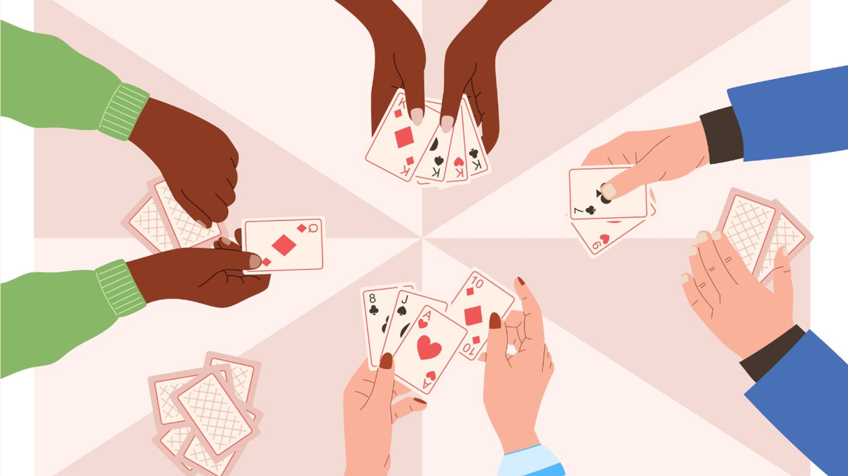 Gezeigt werden die gezeichneten Hände von vier Personen, die klassische Spielkarten halten.