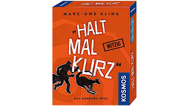 Gezeigt wird die Schachtel des Kartenspiels Halt mal kurz – Das Känguru-Spiel.