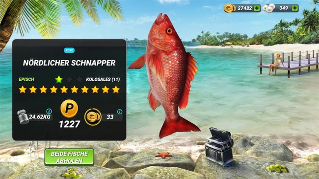 Gezeigt wird ein roter Fisch im Spiel Fishing Clash neben einer Eigenschaften-Karte.