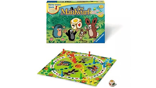 Das Bild zeigt das Brettspiel "Der Maulwurf und sein Lieblingsspiel" von Ravensburger. Oben ist die Spielverpackung abgebildet, die den Maulwurf und seine Freunde in einem grünen, waldähnlichen Hintergrund zeigt. Darunter befindet sich das aufgebaute Spielbrett mit bunten Spielfiguren und einem Würfel.