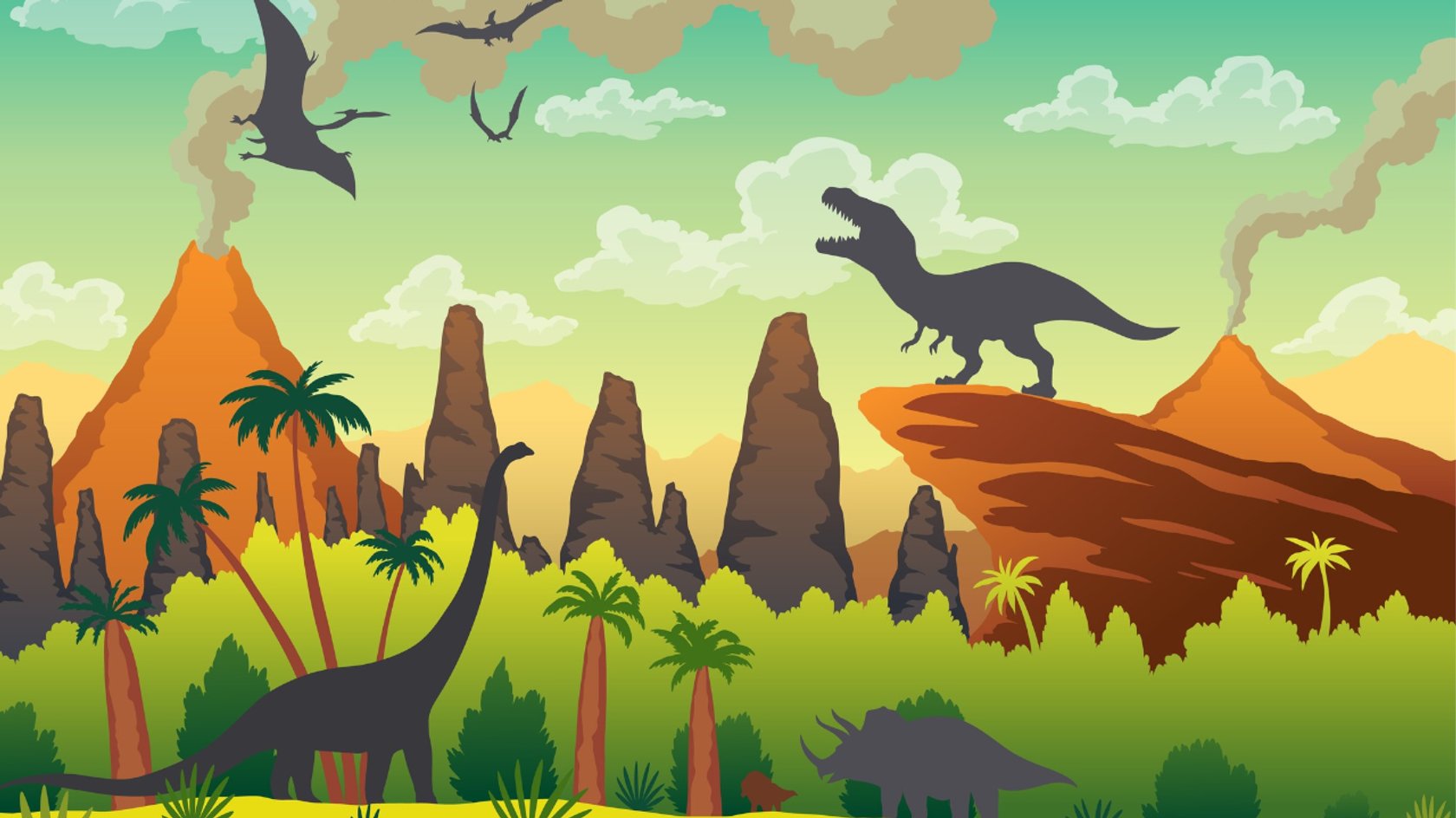 Zu sehen ist eine prähistorische Landschaft mit verschiedenen Dinosauriern als Vektor-Illustrationen.