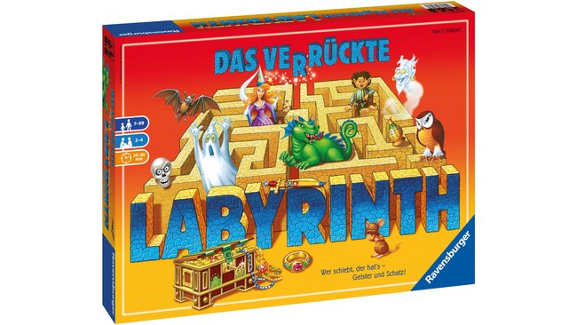 Gezeigt wird die Schachtel des Brettspiels Das verrückte Labyrinth.