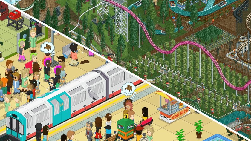 Gezeigt wird eine Kollage aus Screenshots aus zwei Tycoon-Spielen, auf dem unten links eine Metrostation und oben rechts ein Freizeitpark mit einer Achterbahn zu sehen sind.