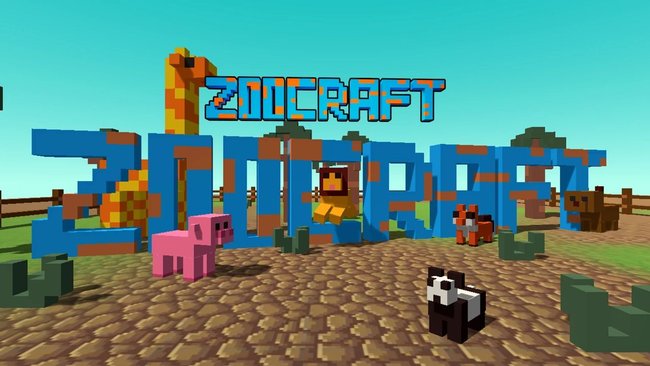 Tiere in Pixeloptik stehen vor dem Schriftzug Zoocraft.