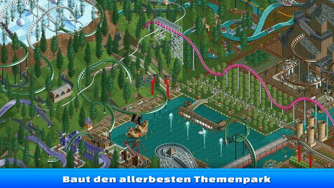 Gezeigt wird ein Screenshot aus dem Spiel RollerCoaster Tycoon Classic, auf dem diverse Achterbahnen, ein Teich und der Schriftzug "Baut den allerbesten Themenpark" zu sehen sind.