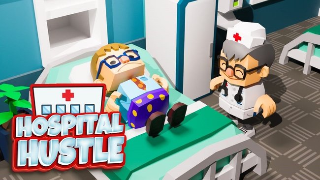 Gezeigt wird eine Szene aus dem Onlinespiel Hospital Hustle, in der ein Arzt neben einem Patienten steht, der auf einer Liege im Behandlungsraum liegt.