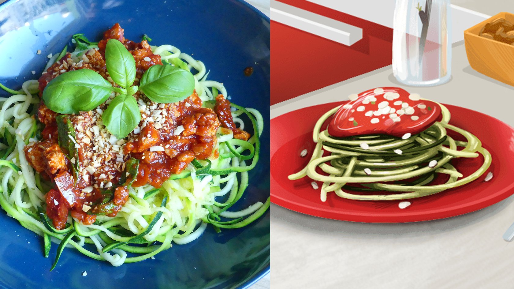 Das Bild zeigt zwei Darstellungen von Zucchini-Nudeln mit Tomatensauce, eine fotografische Aufnahme und eine grafische Illustration nebeneinander. 