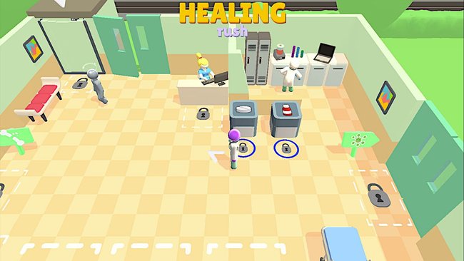 Gezeigt wird ein Screenshot aus dem Managementspiel Healing Rush, der einen Behandlungsraum mit verschiedenen Spiel-Stationen zeigt.