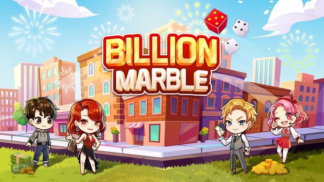 Gezeigt wird ein Gebäude und vier Spielfiguren aus dem Würfelspiel Billion Marble.