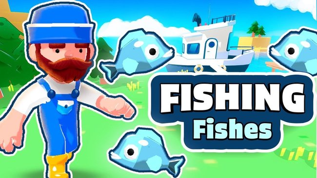 Gezeigt wird ein Fischer und einige Fische vor einem Fischkutter im Spiel Fishing Fishes.