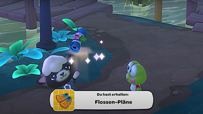 Ein Screenshot aus einem Videospiel zeigt eine Szene, in der ein Schaf-Charakter einen Gegenstand überreicht, begleitet von leuchtenden Effekten und einem grünen Frosch-Charakter, der zusieht. Im unteren Bereich des Bildes erscheint eine Textbox mit der Nachricht: "Du hast erhalten: Flossen-Pläne". Der Hintergrund zeigt eine gepflasterte Fläche mit Pflanzen und Wasser.