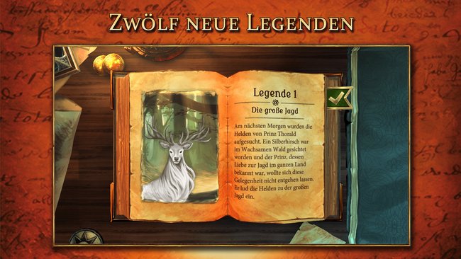 Gezeigt wird ein Screenshot aus dem App-Spiel Andor - Geheimnis des Königs. Das Bild zeigt eine aufgeschlagene Buchseite mit der Überschrift "Legende 1: Die große Jagd". Auf der linken Seite ist eine Illustration eines weißen Hirsches in einem Wald zu sehen. Rechts steht ein Text, der die Geschichte der Legende beschreibt. Oben im Bild ist der Titel "Zwölf neue Legenden" auf einem roten Hintergrund zu sehen.