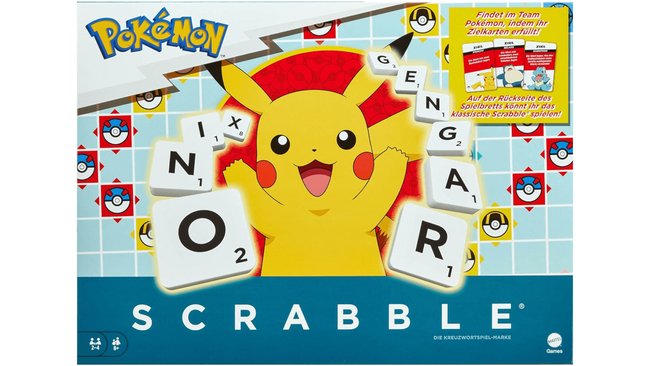 Das Bild zeigt die Verpackung des Spiels "Pokémon Scrabble". Im Zentrum der Verpackung ist ein fröhliches Pikachu abgebildet, umgeben von Scrabble-Buchstabensteinen, die Wörter wie "N", "O", "G", "E", "N", "G", "A", "R" bilden. Im Hintergrund ist ein Scrabble-Spielbrett zu sehen, das mit Pokémon-Themen gestaltet ist, einschließlich Pokéball-Symbolen auf einigen Feldern. Oben rechts befindet sich ein gelber Kasten mit einer Beschreibung des Spiels, die besagt, dass Spieler im Team Pokémon finden können, indem sie Zielkarten erfüllen. Das Logo von Pokémon ist oben links und das Scrabble-Logo ist unten auf der Verpackung abgebildet.