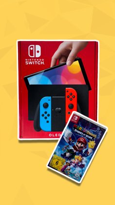 Ein Foto einer Nintendo Switch mit einem Mario-Spiel. 