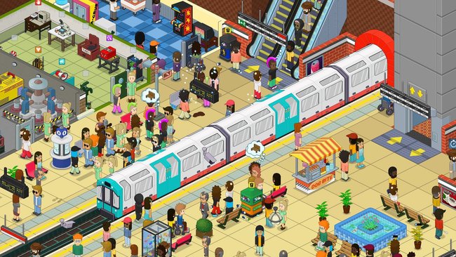 Gezeigt wird ein Screenshot aus dem Spiel Overcrowd: A Commute 'Em Up, auf dem eine Metrostation  mit einem Zug und zahlreichen Menschen auf den Bahnsteigen links und rechts neben den Schienen zu sehen sind.