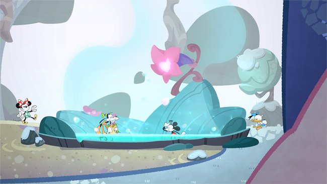 Eine bunte Cartoon-Szene aus dem Videospiel "Disney Illusion Island" zeigt Minnie Maus, Goofy, Mickey Maus und Donald Duck in einer Fantasiewelt. Minnie läuft nach links, während Goofy in einem flachen, blauen Teich sitzt. Mickey schwimmt im Teich und Donald sitzt am rechten Rand. Im Hintergrund sind stilisierte Bäume und eine große, leuchtende Blume zu sehen.