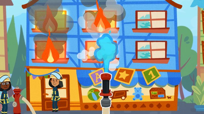 Das Bild zeigt eine animierte Szene eines zweistöckigen Gebäudes, das in Flammen steht. Auf der linken Seite des Hauses sind zwei Figuren in Feuerwehrkleidung zu sehen. In der Mitte des Bildes ist von unten kommend ein Feuerwehrschlauch abgebildet, der Wasser auf das Hause spritzt. 