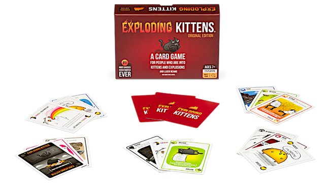 Gezeigt werden die Schachtel und Spielkarten des Kartenspiels Exploding Kittens.