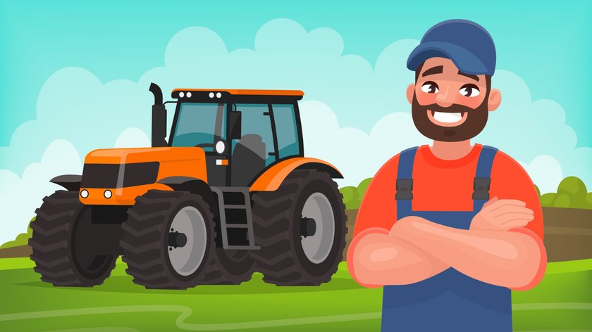 Gezeigt wird eine Grafik mit einem Bauern in einem Blaumann und mit einer blauen Kappe auf dem Kopf, der auf einem Feld steht. Im Hintergrund ist ein orangefarbener Traktor zu sehen.