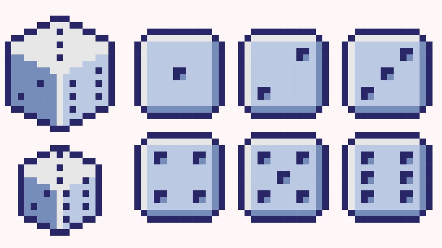 Gezeigt werden 8 Würfel in Pixelart-Optik.
