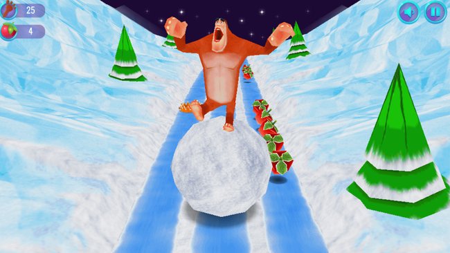 Der Screenshot des Spiels "Yeti Sensation" zeigt eine Bigfoot-Figur mit orangefarbenem Fell, die auf einer großen Schneekugel einen eisigen Pfad hinunterläuft. Im Hintergrund sind schneebedeckte Bäume und ein Sternenhimmel zu sehen. Links oben ist ein Anzeige mit 25 Herzen und 4 Beeren. Entlang des Pfades liegen weitere Beeren. 