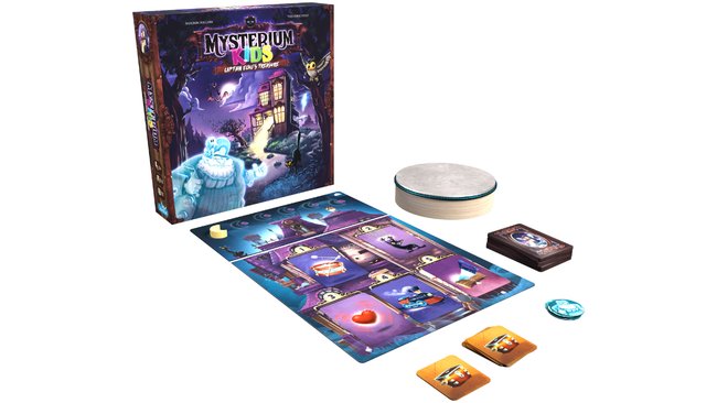 Das Spiel Mysterium Kids: Der Schatz von Kapitän Buh liegt ausgebreitet auf einer Oberfläche.