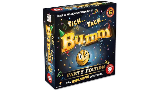 Gezeigt wird die Box des Brettspiels Tick Tack Bumm in der Party-Edition.