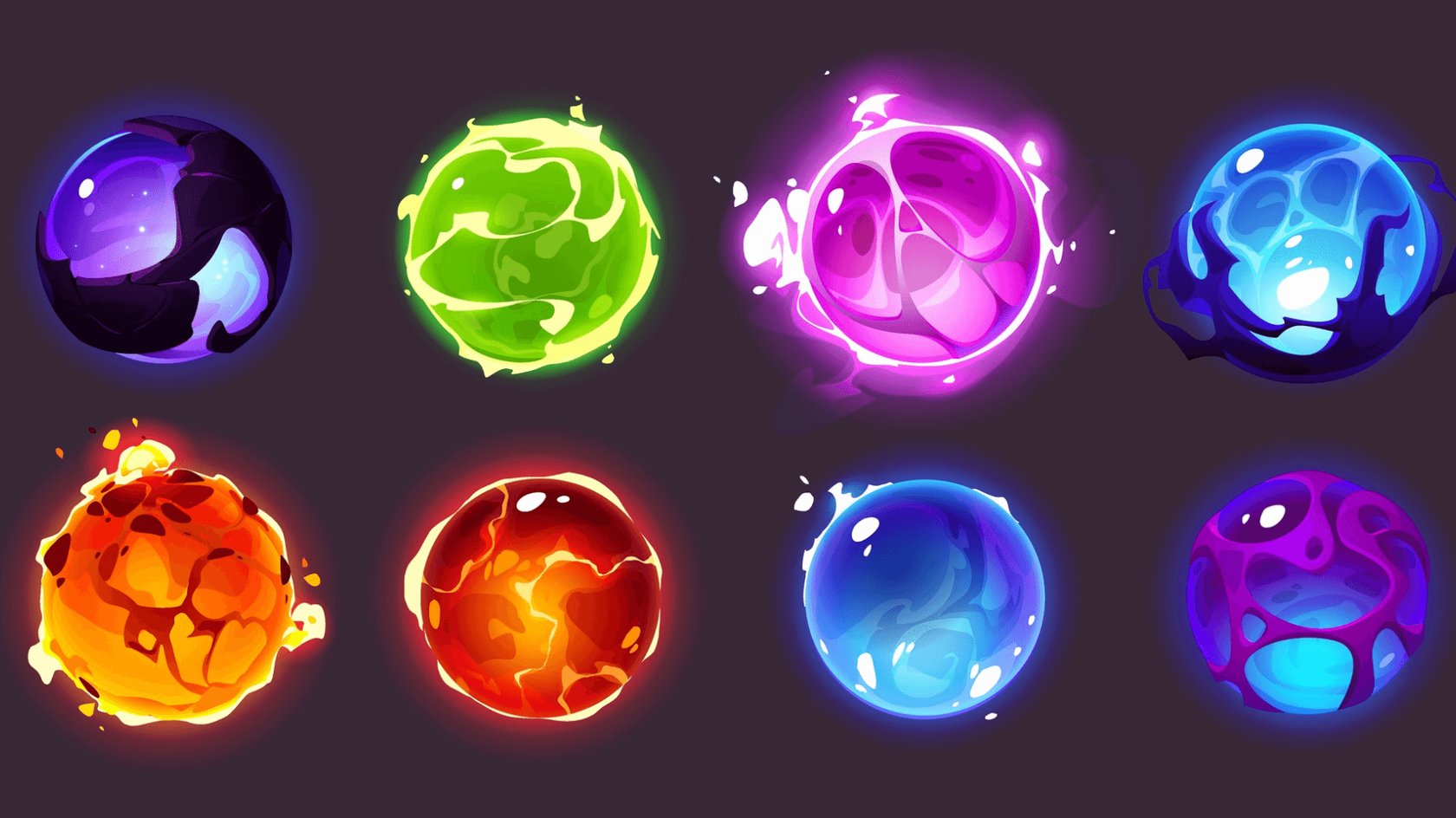 Acht leuchtende, magische Kugeln oder Energiesphären auf dunklem Hintergrund, angeordnet in zwei Reihen. Jede Kugel hat eine eigene Farbe und ein einzigartiges, strahlendes Design: lila/schwarz, neongrün, magenta, hellblau, orange/gelb, rot, hellblau und dunkelviolett. Die Kugeln haben eine flüssig wirkende, energetische Textur mit leuchtenden Effekten und Glanzlichtern. Die Darstellung erinnert an Spielelemente oder magische Gegenstände aus einem Fantasy-Videospiel, möglicherweise Power-ups oder spezielle Fähigkeiten in einem Bubble-Shooter oder einem Zauber-basierten Spiel.