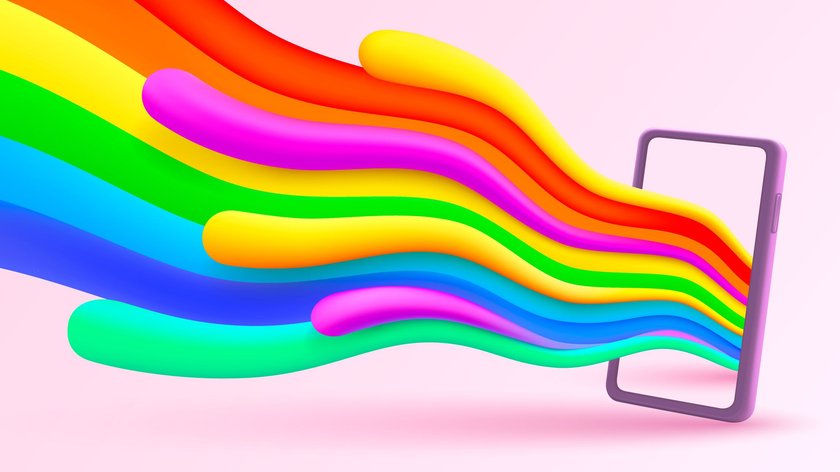 Eine Illustration eines Smartphones, aus dem eine Regenbogenwelle herausströmt.