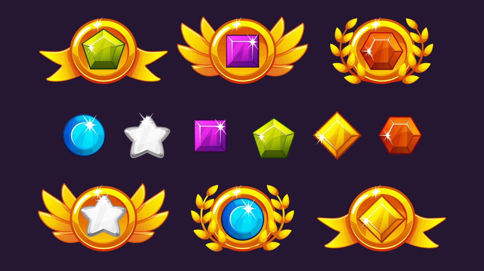 Das Bild zeigt eine Sammlung farbenfroher Abzeichen und Edelsteine, die in einem Spiel verwendet werden könnten. Die Abzeichen sind goldfarben und mit verschiedenen Edelsteinen verziert, während die Edelsteine in verschiedenen Farben und Formen dargestellt sind, darunter Sterne, Kugeln, und polygonale Formen. Der Hintergrund ist dunkelviolett.