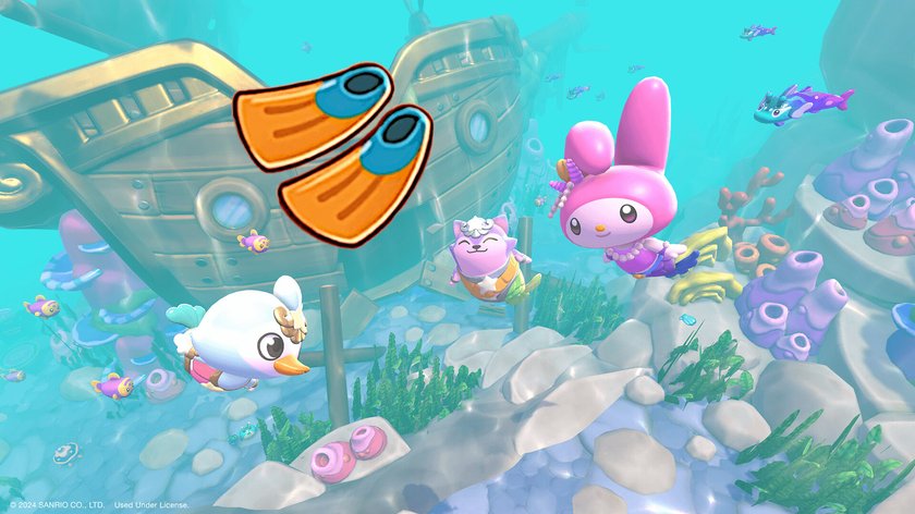 Ein Screenshot aus dem Videospiel Hello Kitty Island Adventure zeigt eine bunte Unterwasserwelt mit einem versunkenen Schiff, Korallen und verschiedenen Meeresbewohnern. Zwei niedliche Sanrio-Charaktere, ein weißer Vogel und eine rosa Häschenfigur, schwimmen fröhlich herum. Über dem Bild sind orange und blaue Schwimmflossen abgebildet, die einen zu erhaltender Gegenstand im Spiel darstellen. Im Hintergrund sind weitere Details wie Fische und Pflanzen zu sehen.