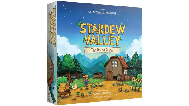 Das Bild zeigt die Verpackung des Brettspiels "Stardew Valley: The Board Game". Das Cover ist farbenfroh illustriert und zeigt eine ländliche Szene mit einer Farm, einem Holzhaus, Feldern, Bäumen und Tieren wie einem Huhn. Ein Bauer mit Strohhut steht in der Mitte. Der Himmel ist blau mit weißen Wolken, und im Hintergrund sind Berge zu sehen. Der Titel "Stardew Valley" ist in großen gelben Buchstaben mit grünen Blättern geschrieben. Am unteren Rand steht die Beschreibung: "A cooperative game of farming and friendship", das Spiel ist für 1–4 Spieler ab 13 Jahren geeignet.