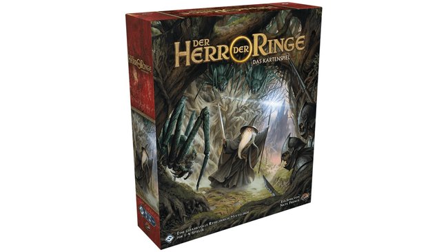 Das Bild zeigt die Verpackung des Spiels "Der Herr der Ringe: Das Kartenspiel". Auf der Vorderseite ist Gandalf dargestellt, der sich in einem düsteren Wald befindet, umgeben von riesigen Spinnen und bedrohlichen Orks. Das Artwork vermittelt eine Atmosphäre von Abenteuer und Gefahr.