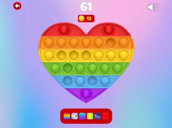 Ein Screenshot eines herzförmigen Pop-It-Spielzeugs in Regenbogenfarben auf einem pastellfarbenen Hintergrund.